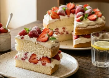 Fetta di torta Nuvola di fragole e panna altissima e soffice, farcita con panna montata e fragole fresche a pezzi, su piatto di ceramica e tavolo rustico, luce solare.