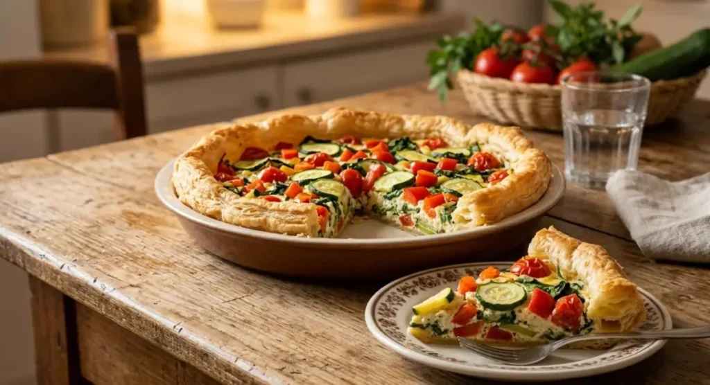 Torta salata di pasta sfoglia con zucchine, pomodorini e ricotta tagliata a fette su un tavolo di legno.