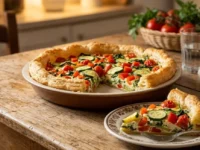 Torta salata di pasta sfoglia con zucchine, pomodorini e ricotta tagliata a fette su un tavolo di legno.