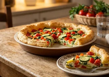 Torta salata di pasta sfoglia con zucchine, pomodorini e ricotta tagliata a fette su un tavolo di legno.