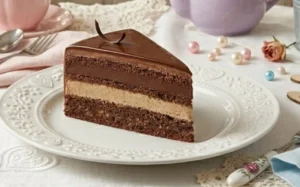 torta-setteveli-ricetta-semplificata Primo piano macro di una fetta di torta Setteveli su un piattino di porcellana bianca decorata, con i sette strati ben visibili e una glassa a specchio lucida, in un'ambientazione shabby chic primaverile.