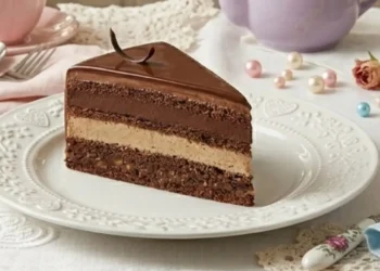 Primo piano macro di una fetta di torta Setteveli su un piattino di porcellana bianca decorata, con i sette strati ben visibili e una glassa a specchio lucida, in un'ambientazione shabby chic primaverile.