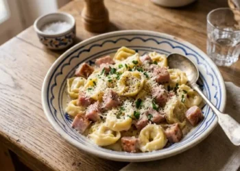 Un piatto di ceramica con tortellini panna e prosciutto cotto a cubetti, spolverati con formaggio grattugiato, pepe nero e prezzemolo fresco, servito su un tavolo di legno rustico.