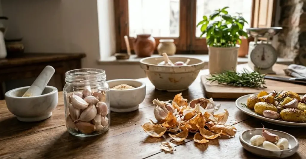 Come riutilizzare le bucce d'aglio in cucina Composizione di bucce d'aglio su un tavolo di legno in cucina con patate al forno e sale aromatizzato, concetto di cucina antispreco.