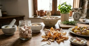 Composizione di bucce d'aglio su un tavolo di legno in cucina con patate al forno e sale aromatizzato, concetto di cucina antispreco.