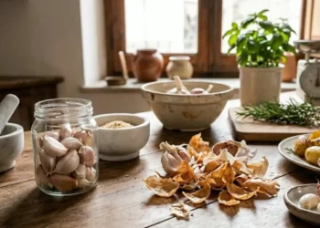 Composizione di bucce d'aglio su un tavolo di legno in cucina con patate al forno e sale aromatizzato, concetto di cucina antispreco.