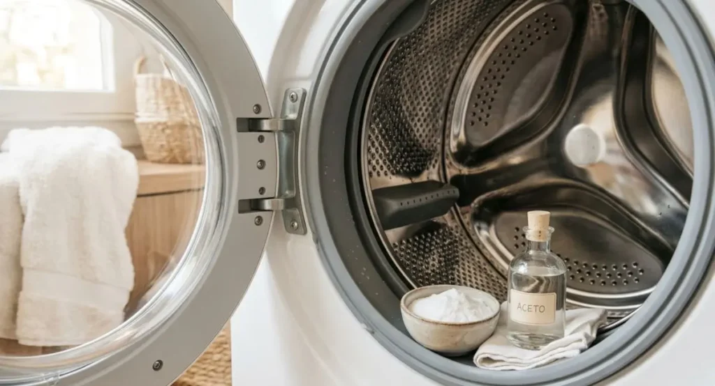 Cestello di una lavatrice bianco e pulito con all'interno una ciotola di bicarbonato e una bottiglia di aceto per eliminare i cattivi odori.