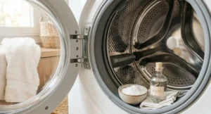 Cestello di una lavatrice bianco e pulito con all'interno una ciotola di bicarbonato e una bottiglia di aceto per eliminare i cattivi odori.