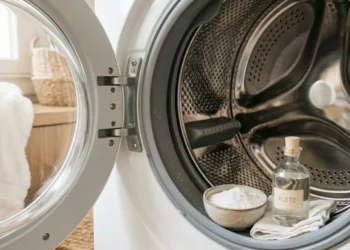 Rimedi naturali per profumare la lavatrice Cestello di una lavatrice bianco e pulito con all'interno una ciotola di bicarbonato e una bottiglia di aceto per eliminare i cattivi odori.