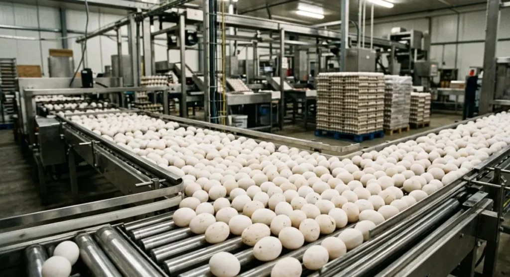 Filiera di produzione delle uova industriali Migliaia di uova bianche su un nastro trasportatore all'interno di uno stabilimento industriale di produzione e imballaggio.