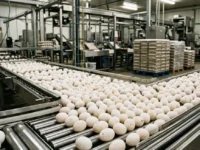 Migliaia di uova bianche su un nastro trasportatore all'interno di uno stabilimento industriale di produzione e imballaggio.
