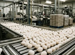 Migliaia di uova bianche su un nastro trasportatore all'interno di uno stabilimento industriale di produzione e imballaggio.