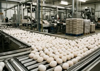 Migliaia di uova bianche su un nastro trasportatore all'interno di uno stabilimento industriale di produzione e imballaggio.