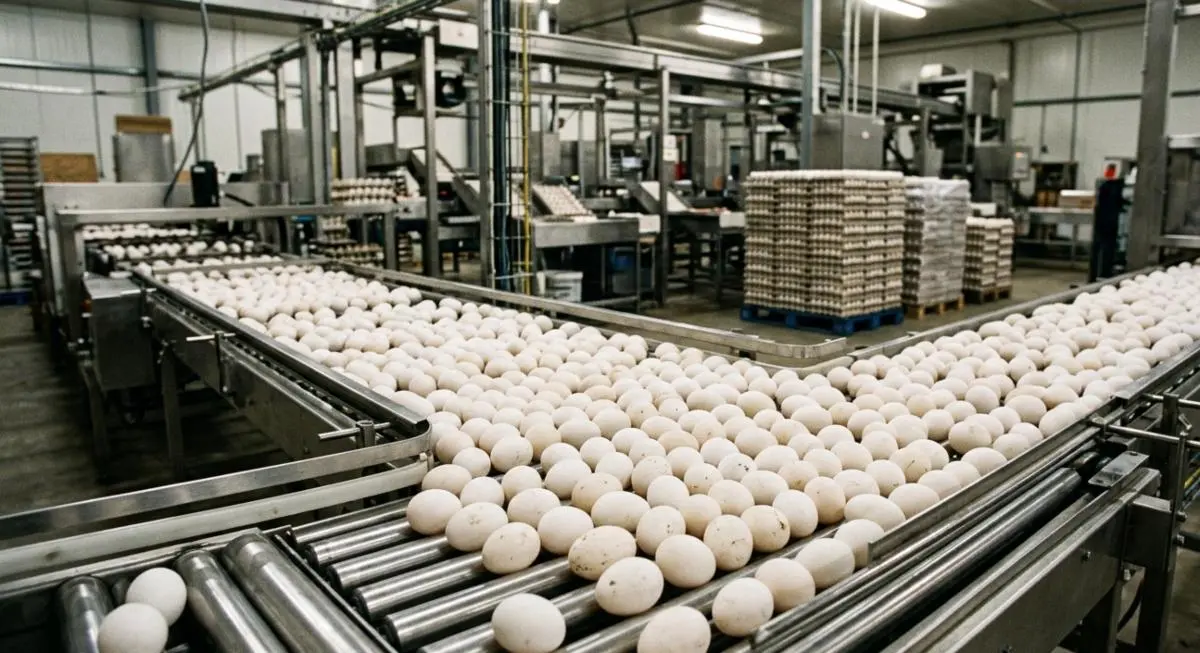 Migliaia di uova bianche su un nastro trasportatore all'interno di uno stabilimento industriale di produzione e imballaggio.