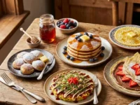 Una tavola di legno rustica imbandita con diverse varianti di pancake nel mondo, tra cui pancake americani con sciroppo d'acero, okonomiyaki giapponese, crêpes francesi e poffertjes olandesi.