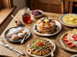 Varianti di pancake nel mondo Una tavola di legno rustica imbandita con diverse varianti di pancake nel mondo, tra cui pancake americani con sciroppo d'acero, okonomiyaki giapponese, crêpes francesi e poffertjes olandesi.