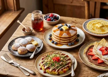 Varianti di pancake nel mondo Una tavola di legno rustica imbandita con diverse varianti di pancake nel mondo, tra cui pancake americani con sciroppo d'acero, okonomiyaki giapponese, crêpes francesi e poffertjes olandesi.