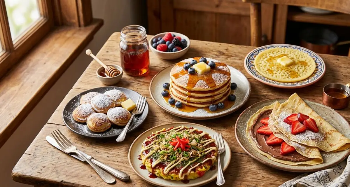 Una tavola di legno rustica imbandita con diverse varianti di pancake nel mondo, tra cui pancake americani con sciroppo d'acero, okonomiyaki giapponese, crêpes francesi e poffertjes olandesi.