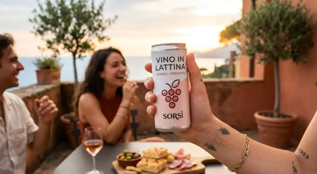 Una mano stringe una lattina di vino rosato frizzante durante un aperitivo all'aperto in Italia, con amici a tavola sfocati sullo sfondo al tramonto.