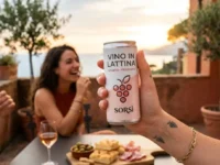 Una mano stringe una lattina di vino rosato frizzante durante un aperitivo all'aperto in Italia, con amici a tavola sfocati sullo sfondo al tramonto.