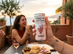 Aperitivo moderno con vino in lattina Una mano stringe una lattina di vino rosato frizzante durante un aperitivo all'aperto in Italia, con amici a tavola sfocati sullo sfondo al tramonto.