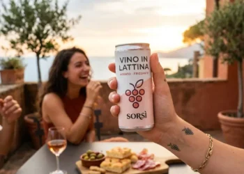 Una mano stringe una lattina di vino rosato frizzante durante un aperitivo all'aperto in Italia, con amici a tavola sfocati sullo sfondo al tramonto.