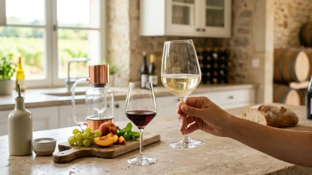 Bicchiere di vino bianco senza alcol con distilleria sottovuoto. Primo piano di una mano che solleva un calice di vino bianco dealcolato spumante in una cucina rustica, con una distilleria sottovuoto e uova in sottofondo.