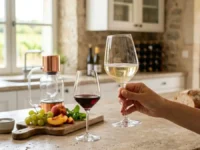 Primo piano di una mano che solleva un calice di vino bianco dealcolato spumante in una cucina rustica, con una distilleria sottovuoto e uova in sottofondo.