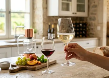Primo piano di una mano che solleva un calice di vino bianco dealcolato spumante in una cucina rustica, con una distilleria sottovuoto e uova in sottofondo.