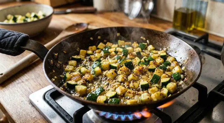 Portate a bollore l’acqua con un pizzico di sale. Versatela sul cous cous in una ciotola, coprite con un piatto e lasciate riposare 5 minuti.Mentre il cous cous riposa, tagliate i pomodorini gialli a metà e le zucchine a cubetti. Saltate queste ultime in padella per 2 minuti.&nbsp;