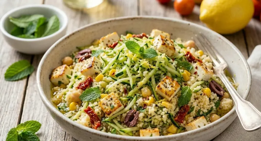 COUS-COUS-FREDDO-ZUCCHINE-MAIS-FETA Couscous freddo con zucchine, mais pomodorini e feta