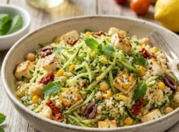 COUS-COUS-FREDDO-ZUCCHINE-MAIS-FETA Couscous freddo con zucchine, mais pomodorini e feta