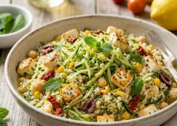 COUS-COUS-FREDDO-ZUCCHINE-MAIS-FETA Couscous freddo con zucchine, mais pomodorini e feta
