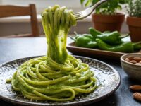Una forchettata di linguine avvolte da un pesto cremoso e vellutato di friggitelli, sollevata da un piatto scuro con mandorle e friggitelli interi sullo sfondo.