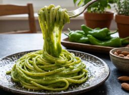 LINGUINE-PESTO-CREMOSO-FRIGGITELLI Una forchettata di linguine avvolte da un pesto cremoso e vellutato di friggitelli, sollevata da un piatto scuro con mandorle e friggitelli interi sullo sfondo.