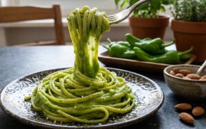 LINGUINE-PESTO-CREMOSO-FRIGGITELLI Una forchettata di linguine avvolte da un pesto cremoso e vellutato di friggitelli, sollevata da un piatto scuro con mandorle e friggitelli interi sullo sfondo.