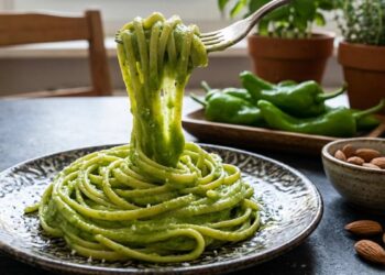 LINGUINE-PESTO-CREMOSO-FRIGGITELLI Una forchettata di linguine avvolte da un pesto cremoso e vellutato di friggitelli, sollevata da un piatto scuro con mandorle e friggitelli interi sullo sfondo.