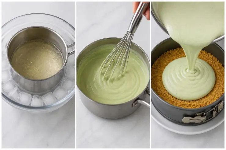 Immergete il pentolino in acqua e ghiaccio per 30 secondi per abbattere la temperatura, poi incorporate la gelatina alla crema di formaggi mescolando energicamente con una frusta. Riprendete la base di taralli dal frigo e livellatevi sopra la crema al basilico. Riponete in frigorifero per almeno 2 ore. Prima di servire, decorate la superficie con i pomodori secchi tritati e qualche fogliolina di basilico fresco. Sformate delicatamente e portate in tavola.