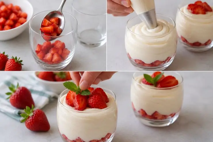 Conditele in una ciotolina con lo zucchero a velo ed un cucchiaino di succo di limone. Componete i bicchierini distribuendo sul fondo una generosa cucchiaiata di fragole succose, coprite fino al bordo con la mousse al limone (aiutandovi con una sac-à-poche o con un cucchiaio) e decorate la superficie con altre fragole ed una fogliolina di menta. Riponete in frigorifero per almeno un’ora prima di servire e godetevi il vostro dessert!