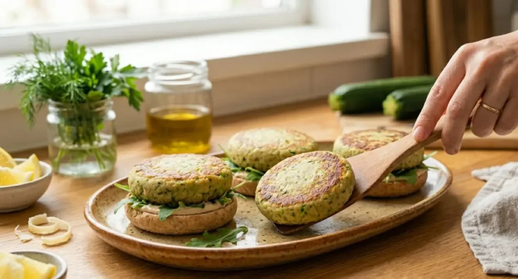 Presentazione finale dei burger di ceci e zucchine pronti da servire Burger vegetariani di ceci e zucchine serviti su fette di pane con rucola e salsa, disposti su un piatto da portata con spicchi di limone sullo sfondo.