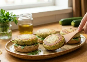 Burger vegetariani di ceci e zucchine serviti su fette di pane con rucola e salsa, disposti su un piatto da portata con spicchi di limone sullo sfondo.