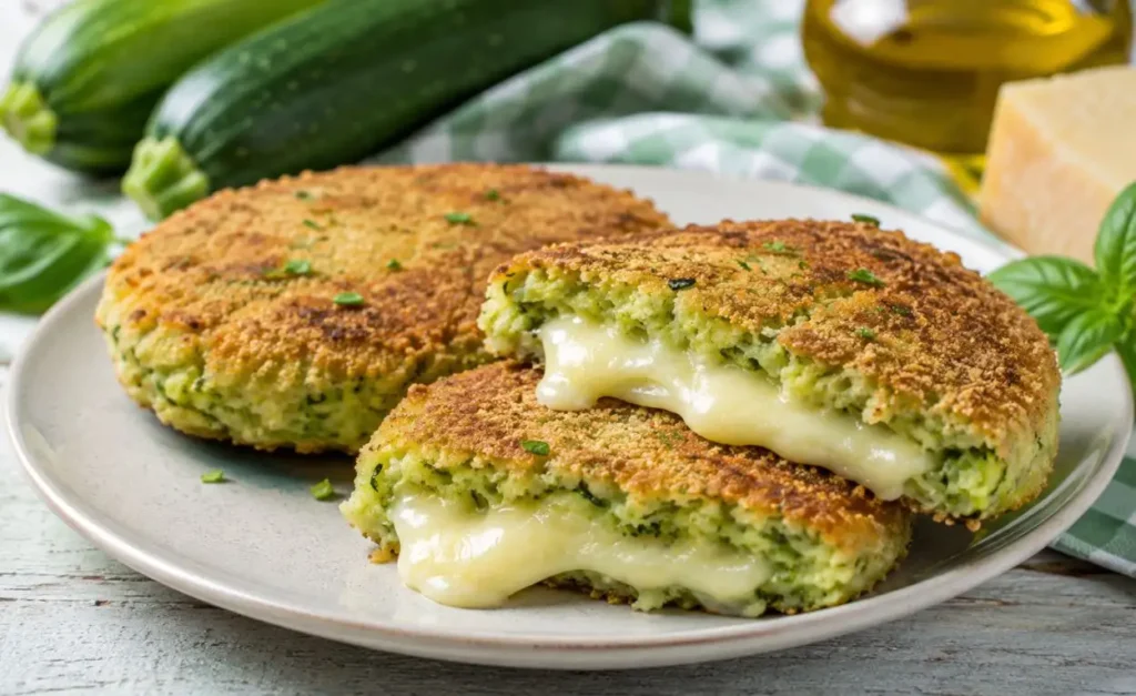Burger di zucchine e ricotta con cuore filante di provola, dorati in padella e serviti su un piatto rustico.