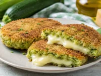 Burger di zucchine e ricotta con cuore filante di provola, dorati in padella e serviti su un piatto rustico.