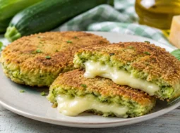 Burger di zucchine e ricotta con provola filante Burger di zucchine e ricotta con cuore filante di provola, dorati in padella e serviti su un piatto rustico.