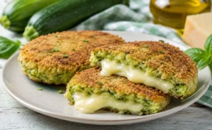 Burger di zucchine e ricotta con cuore filante di provola, dorati in padella e serviti su un piatto rustico.