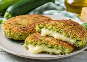 Burger di zucchine e ricotta con cuore filante di provola, dorati in padella e serviti su un piatto rustico.