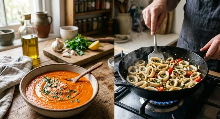 Eliminate la pelle, i piccioli e tutti i semi interni. Trasferite la polpa pulita nel boccale del frullatore insieme a due cucchiai di olio extra vergine d’oliva ed un pizzico di sale. Frullate alla massima velocità fino ad ottenere una crema densa e tenetela al caldo. Mettete a cuocere la pasta in abbondante acqua salata. Intanto scaldate una padella ampia con due cucchiai di olio evo, lo spicchio d’aglio in camicia ed un pezzetto di peperoncino. Unite le rondelle di calamaro ed i loro ciuffetti, cuocete a fiamma altissima per 2 minuti, saltandoli continuamente. Regolate di sale, togliete l’aglio ed unite le olive taggiasche.
