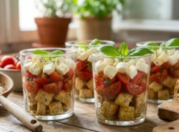 Caprese in bicchiere ricetta estiva Caprese moderna in bicchiere con base di pane croccante, pomodorini e dadini di mozzarella di bufala