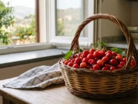 Un cesto di vimini colmo di ciliegie rosse fresche su un tavolo di legno in cucina, con una finestra aperta che si affaccia sulle colline campane