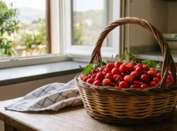 Un cesto di vimini colmo di ciliegie rosse fresche su un tavolo di legno in cucina, con una finestra aperta che si affaccia sulle colline campane